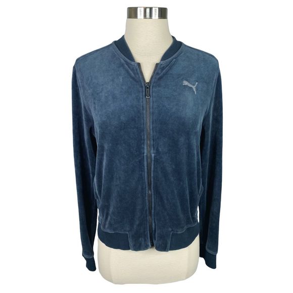 PUMA Dark Bluish Gray Velour Track Jacket - Size Medium - Picture 1 of 5
